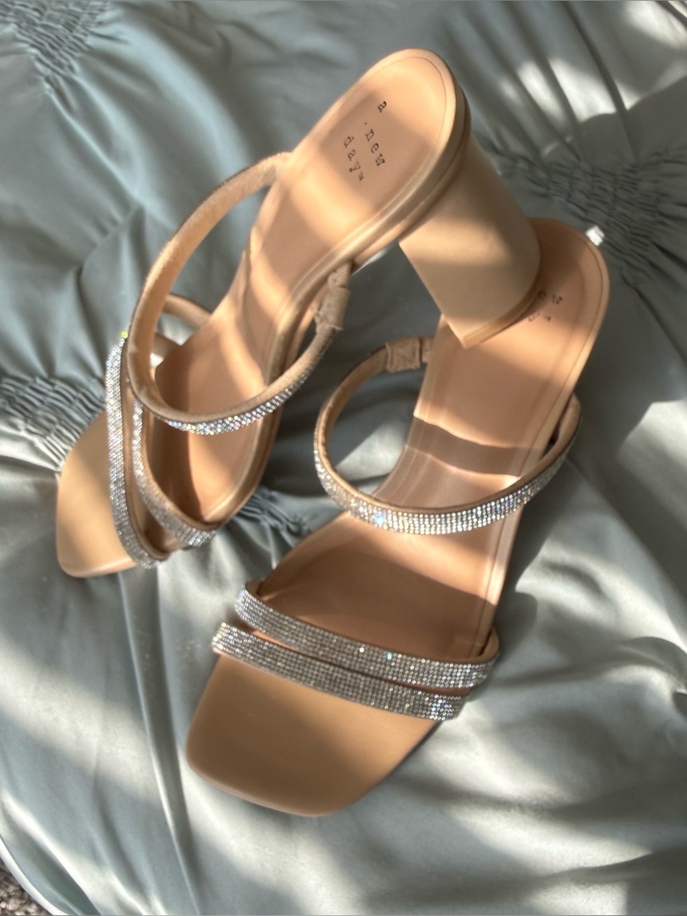 Nude Rhinestone Strappy Block Heels